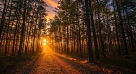 Fototapeta premium Majestic sunbeam illuminates a dirt road through a dense forest of towering trees, creating a golden, warm glow amidst the tall, silhouetted trunks, casting long shadows during sunset, producing an...