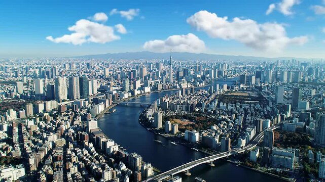 Sweeping aerial ultra-wide video of the photorealistic Tokyo cityscape, featuring modern skyscrapers, the Sumida River, and Tokyo Skytree under a clear blue sky. Vibrant urban energy