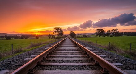 Fototapeta premium Dramatic sunset colors the sky above a railway track, leading the viewer's eye towards the distant horizon over rural farmland; the railroad tracks are the main subject, representing a path forward...