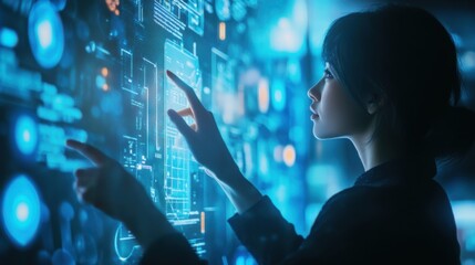 Woman interacting with an augmented reality interface in a futuristic environment