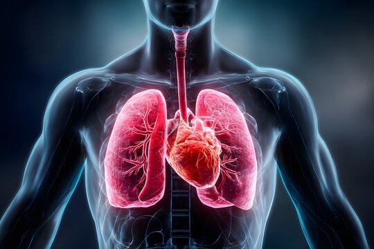 Human anatomy shows the beating heart and glowing lungs within the body.