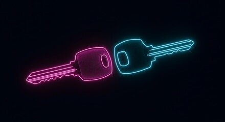 Two glowing neon keys in pink and blue on a black background