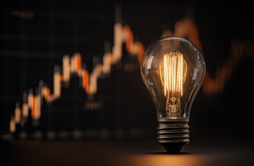 Illuminated lightbulb on a dark background with a financial chart