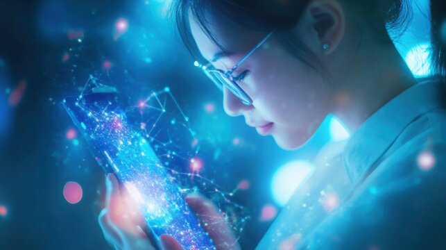 Futuristic digital interaction: A young woman immersed in innovative technology