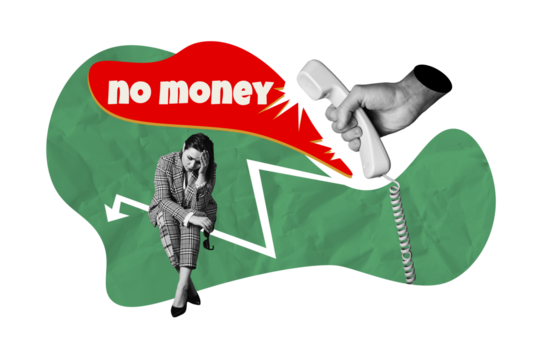 Composite artwork collage image picture of mini girl big arm hold phone no money isolated on creative background