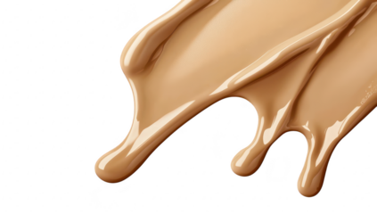 A close-up view of smooth. flowing beige liquid resembling cosmetic foundation. artistically dripped on a light surface. creating an elegant and modern aesthetic suitable for beauty product advertisem