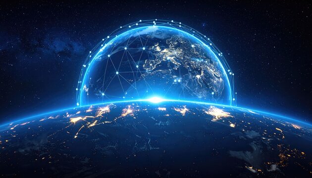 Blue Lit Earth Globe View from Space with Glowing Digital Network Overlay and Stars in Dark Background for Global Connectivity Concept - Powered by Adobe