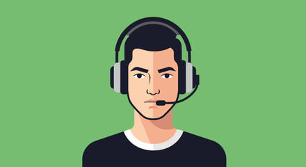 Illustration of a young man with dark hair wearing a headset, looking forward.