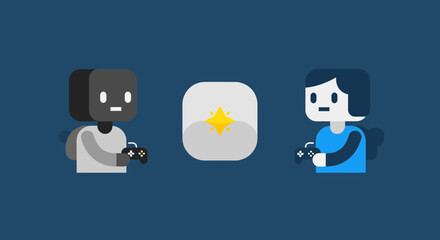 A vector illustration of two diverse, blocky characters holding controllers and playing a video game together.
