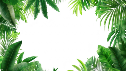 Lush green tropical leaves frame a blank white space. ideal for nature-themed designs or backgrounds. evoking a sense of freshness and tranquility in a setting