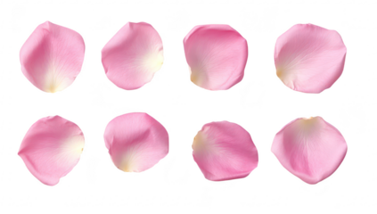 A delicate arrangement of pink rose petals scattered artistically on a clean white surface. evoking a sense of romance and tranquility. ideal for wedding themes or floral design projects