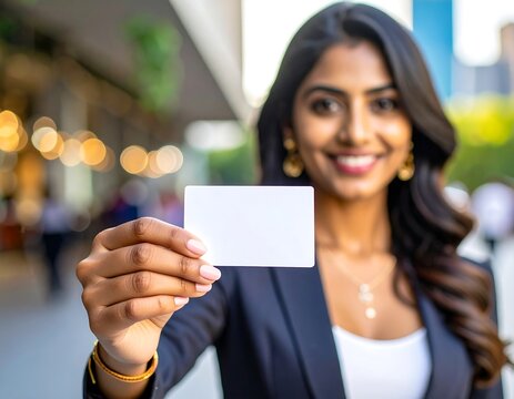 Businesswoman holding blank business card outdoors