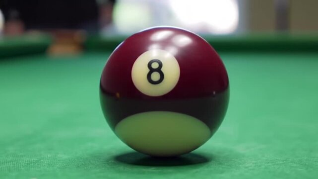 Close-up shot of a red 8 ball on a green pool table with blurred background