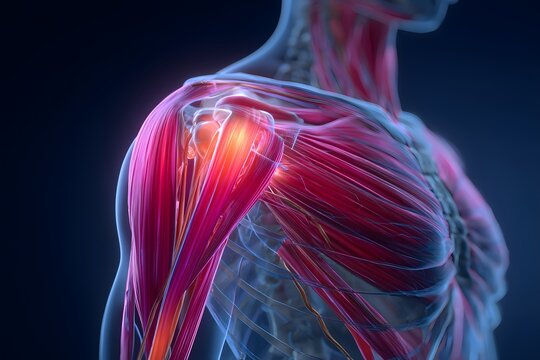 Detailed anatomy of shoulder muscles showing biological structures and soft tissue detail.