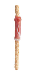Delicious grissini stick with sesame seeds and prosciutto isolated on white