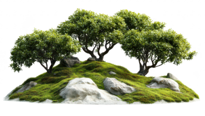A serene landscape featuring lush green trees atop a small grassy hill. surrounded by smooth rocks. evoking a sense of tranquility and natures beauty. ideal for nature-themed projects