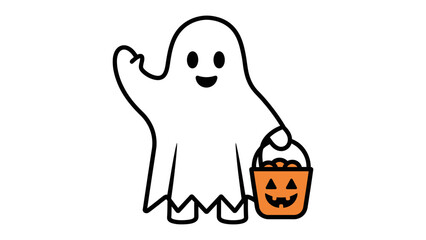 Halloween Ghost with Pumpkin Bucket: An adorable Halloween ghost, carrying a pumpkin bucket, captured in a minimalist line art, evokes the playful spirit of All Hallows' Eve.