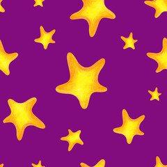 Seamless pattern with golden stars on a purple background, drawn with pencils. Illustration with colored pencils. A child's drawing. For textiles, nursery wallpaper or packaging