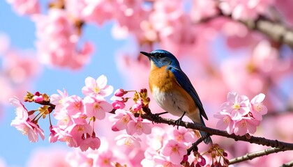 A blue and orange bird amidst pink cherry blossoms