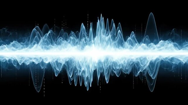 Animated blue digital sound wave or data signal with binary code on a black background