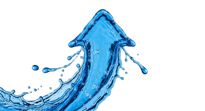 Blue water arrow shape splashing upwards isolated on transparent background
