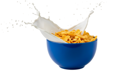Blue bowl of cornflakes with milk splash isolated on transparent background