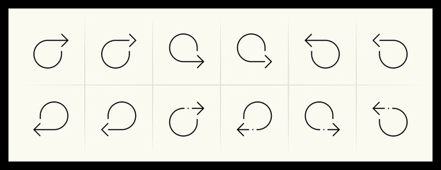 Outline circular and curved arrow icon set. Direction, navigation, downward, reload, clockwise, turn down, turn left, upward and more.