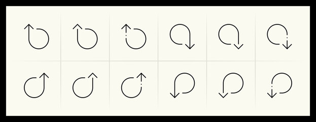Outline circular and curved arrow icon set. Direction, navigation, downward, reload, clockwise, turn down, turn left, upward and more.