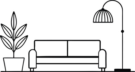  Modern Living Room with Sofa, Lamp, and Plant Interior line art