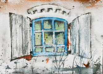A watercolor depiction of an old window with blue shutters, surrounded by rustic textures. Grass and specks of color add character to the scene.