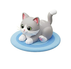 Fototapeta premium A cute gray and white kitten sitting on a blue circular rug.