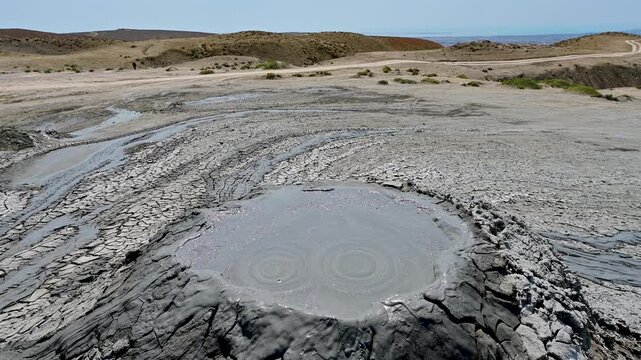 View of a bubbling mud volcano in Qobustan, Azerbaijan