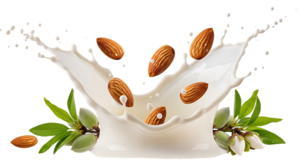 Almonds splashing into milk creating a crown shape isolated on transparent background