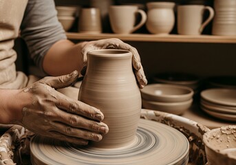 Potter shapes clay on pottery wheel in workshop, creating a beautiful vase with skilled hands during a creative process.