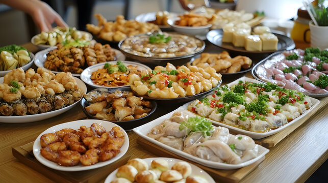 Delicious Asian cuisine feast featuring a variety of flavorful dishes, perfect for food lovers and restaurant promotions in a vibrant culinary setting