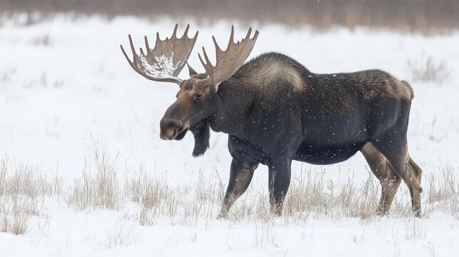 Large bull moose in snowy field during winter snowfall