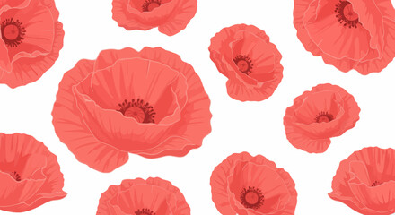 Scattered coral poppy flowers against a white backdrop, illustration style