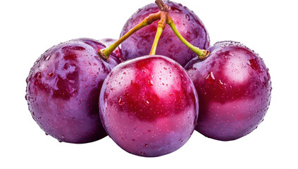 Obraz premium A close-up view of freshly washed. glistening purple plums arranged attractively on a textured surface. their color and natural droplets. ideal for food-related content