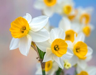 Naklejka premium Close-up of white daffodils with yellow centers