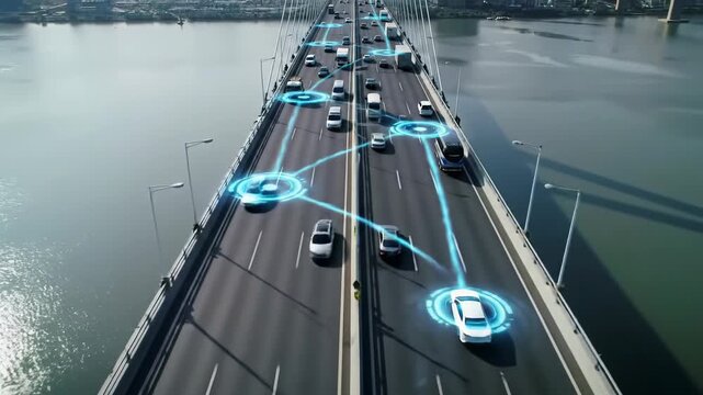 An aerial video of a sprawling multi-lane highway bridge over a tranquil river, featuring sleek autonomous vehicles and a luminous electric-blue holographic data overlay. Concept of smart