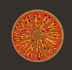 Stylized pizza with cheese and sausage.