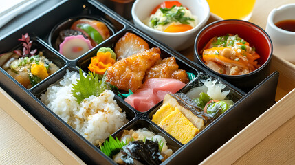 Enjoy a delicious and beautifully arranged Japanese bento box lunch featuring fresh, vibrant ingredients for a healthy and satisfying meal experience