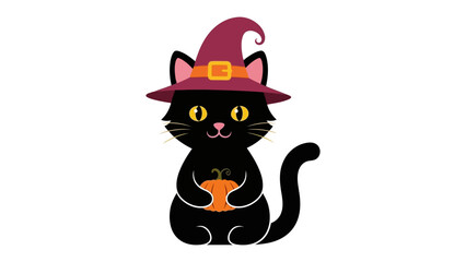 Mystical Midnight: A cute black cat in a witch hat and holding a pumpkin in the enchanting realm of Halloween. This captures the essence of spooky fun!