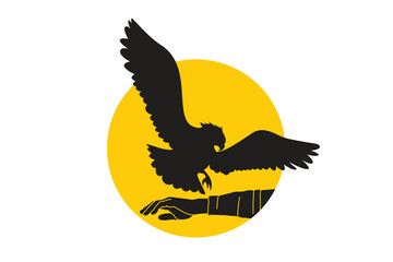 Silhouette vector illustration of a falcon landing on a trainer’s gloved hand with yellow sun background.