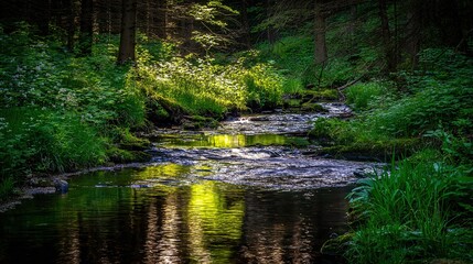 Obraz premium stream. Sunlit forest stream with dappled light reflecting off crystal clear water over rocks. travel magazines, destination branding, designed for travel destination branding, used by researchers.