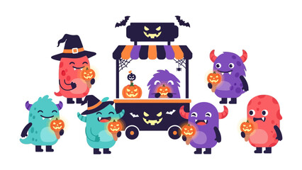 Halloween Monster Gathering: A cheerful gathering of cartoon monsters celebrate Halloween around a spooky food stall. Each holding pumpkins in a captivating, stylized illustration.