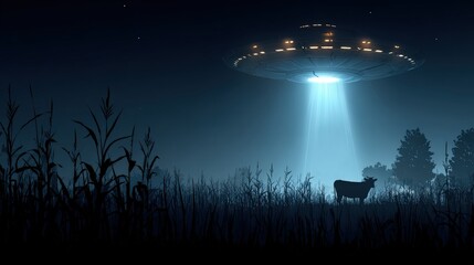A mysterious UFO hovering over a dark field at night, beaming light onto a solitary cow