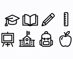 Back to School Icons Line Art Illustration Depicting Education, Learning, and Growth with Essential School Supplies and Building in Black and White