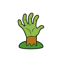 Obraz premium Spooky Green Zombie Hand Rising from Grave - Fun Halloween Cartoon Illustration for Creepy Themes and Horror Event Designs