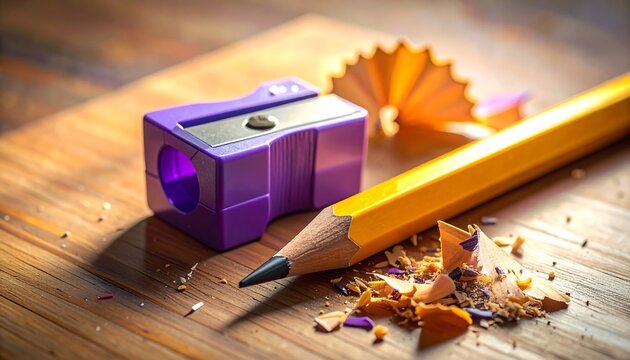 A close-up shot showcases a sharpened yellow pencil, a purple sharpener, and shavings